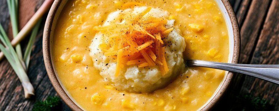 Creamy corn chowder soup topped with mashed potatoes and shredded cheddar cheese