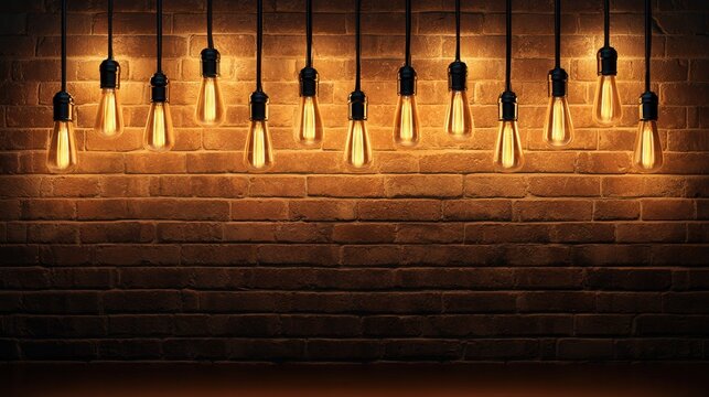 Glowing vintage light bulbs hanging in a row against an aged brown brick wall