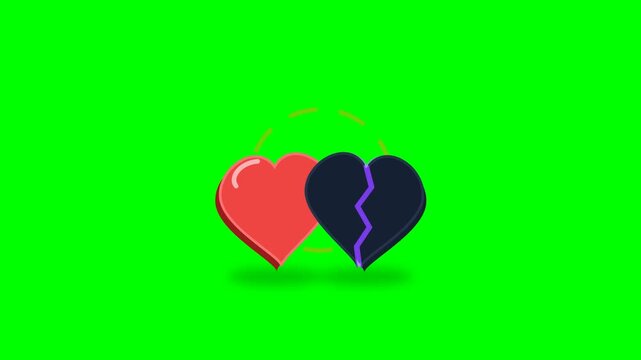 Modern 2.5D love and hate emotional conflict animation featuring two dimensional hearts approaching, colliding, reacting, and separating through controlled physical motion 