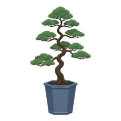 Obraz premium Miniature Green Bonsai Tree in Blue Hexagonal Ceramic Pot Vector Illustration