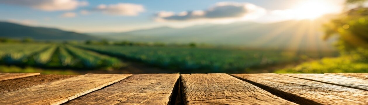 Wooden table surface overlooking a green agricultural field at sunrise with mountains