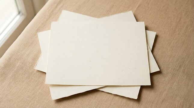 Blank white paper square cards stack mockup on textured surface.