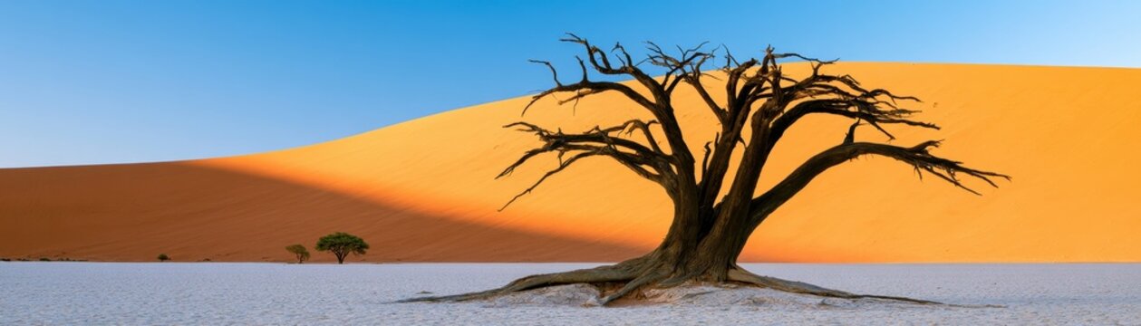 Dead camel thorn tree standing in white clay pan against orange sand dunes and blue sky