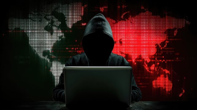 A hooded hacker faces a laptop, shrouded in darkness with a digital world map background. This cybersecurity concept image evokes cybercrime and global data threats.