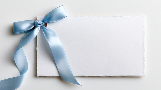 Blank textured paper card with a light blue ribbon bow offering space for custom greeting message invitation