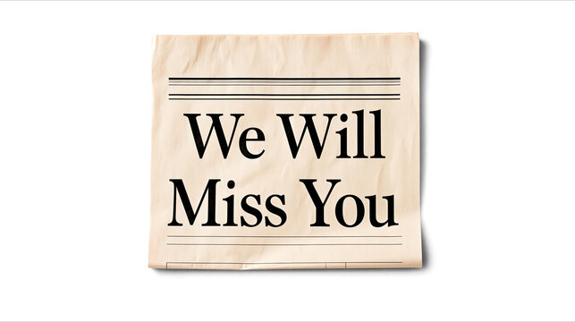 Vintage crumpled paper note with we will miss you text isolated on transparent background PNG element