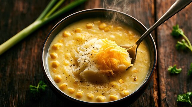 Steaming corn chowder in a dark bowl with a spoon resting on a rustic wooden table