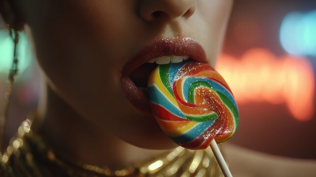 A closeup of shimmering lips tasting a colorful swirl lollipop. The vibrant candy contrasts with the glossy, sparkling mouth for a playful, tempting scene.