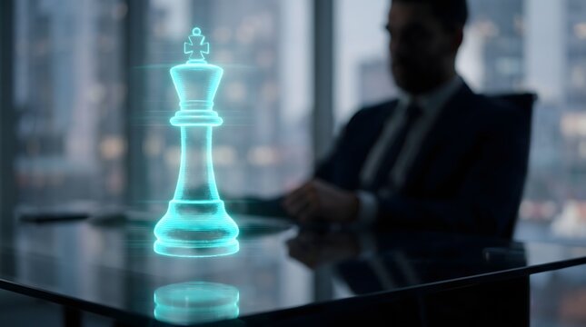 A glowing blue digital chess king piece floating above a glass desk with a businessman.