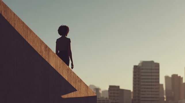 A confident businesswoman ascends a staircase transforming into a bold arrow, set against a modern city skyline at sunrise. This ultra-detailed scene captures ambition and success.