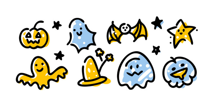 Cute Halloween Doodle Icons Set with Pumpkin and Ghosts