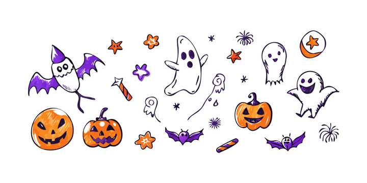 Cute Halloween Doodles with Ghosts Pumpkins and Bats Illustration