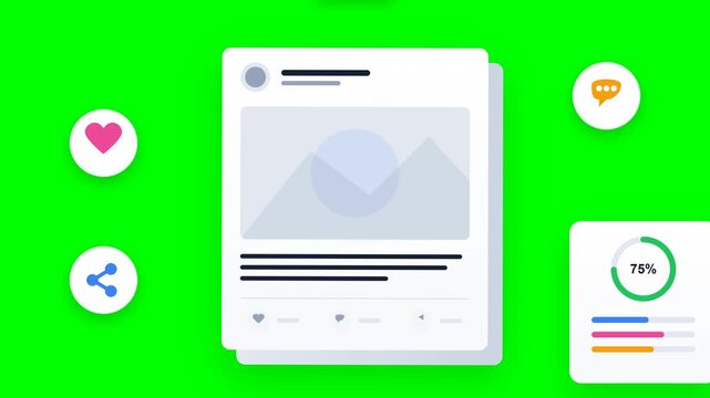 Modern 2.5D social media engagement animation showing a generic content post generating likes, comments, shares, notifications, and measurable audience engagement growth 