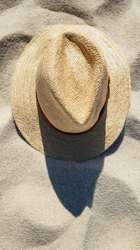 A straw hat lies on textured cream sand, casting a soft shadow. The top-down beach scene radiates summer relaxation and sunlit simplicity.