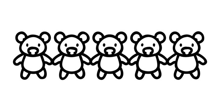 Cute line art row of teddy bears holding hands