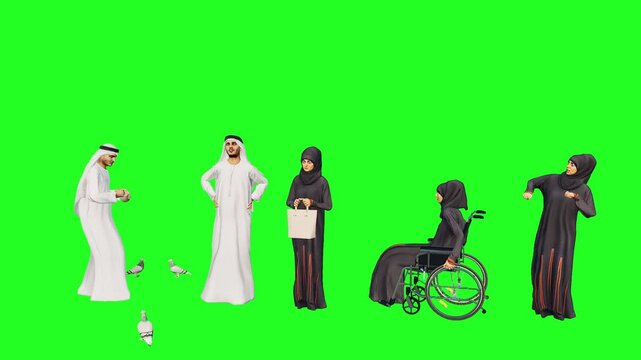 3d people man woman character render on green screen chromakey and in traditional clothes with wheelchair for isolated stock footage video photo ready for compositing in film production