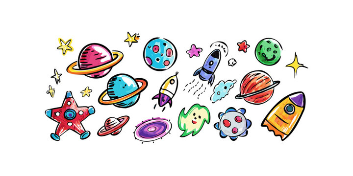 Colorful Hand-Drawn Space Doodle Set Featuring Planets, Rockets, and Stars Isolated on White Background