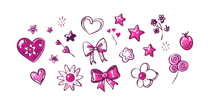 Cute Pink Doodle Set with Hearts Flowers and Bows