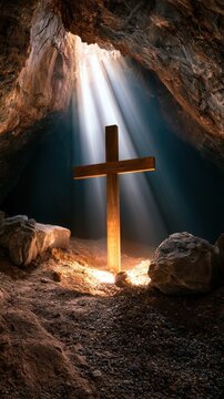 Wooden cross inside a dark cave illuminated by dramatic beams of sunlight shining from above