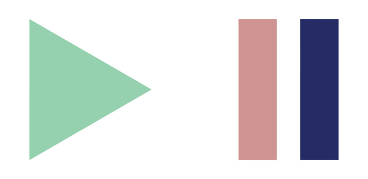 Media control set featuring a light green play triangle button and two vertical bars for pause in pink and dark blue