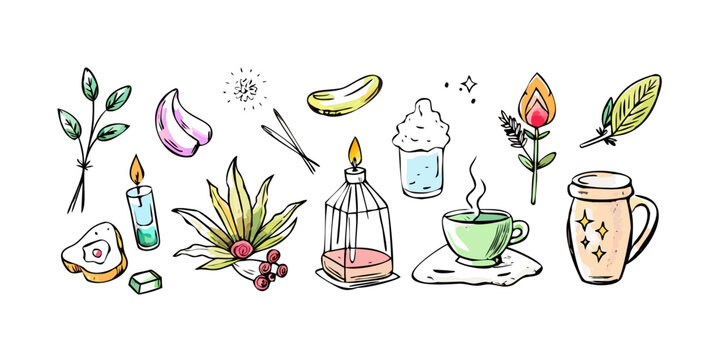 Hand Drawn Wellness Elements Collection Featuring Candles Tea Cups Herbs and Organic Beauty Aromatherapy Items