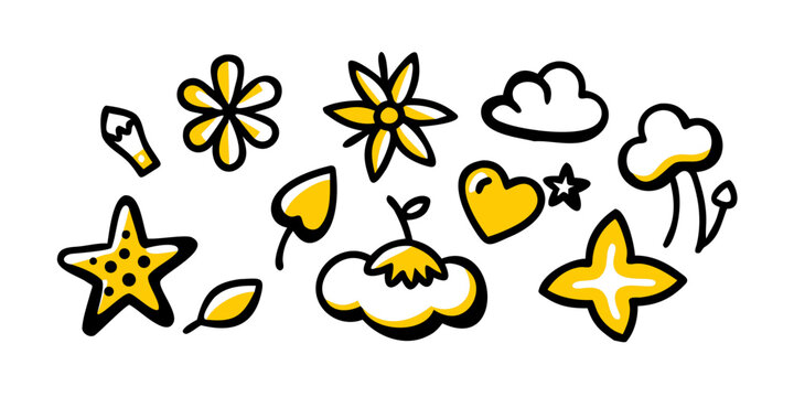 Set of Whimsical Hand-Drawn Doodle Illustrations with Yellow and Black Minimalist Design Elements