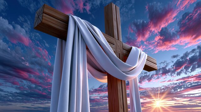 Wooden cross draped with white fabric symbolizing easter resurrection and hope under sky a dramatic sunrise