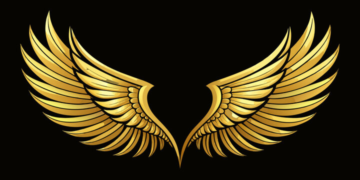 Majestic Symmetrical Golden Angel Wings Spread Wide Isolated on Black Background for Graphic Design