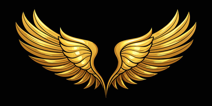 Majestic Symmetrical Golden Angel Wings Spreading Outwards Isolated on a Deep Black Background