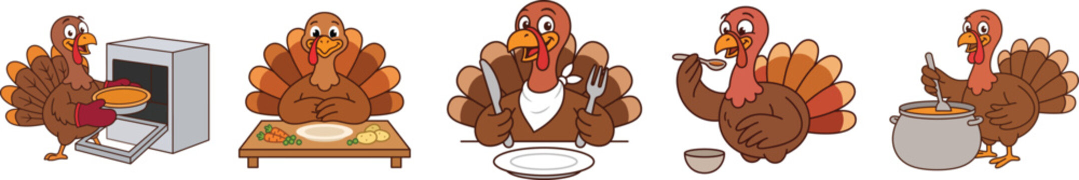 A delightful collection of cartoon turkeys wishing everyone a very happy thanksgiving full of joy and gratitude