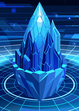 Abstract Digital Blue Crystal Formation on a Glowing Cyber Grid Background