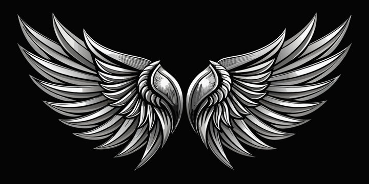 Majestic Silver Angel Wings Illustration with Metallic Feather Details on a Solid Black Background