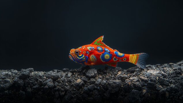 Vibrant Mandarin Dragonet Fish on Dark Rocks with Swirling Patterns