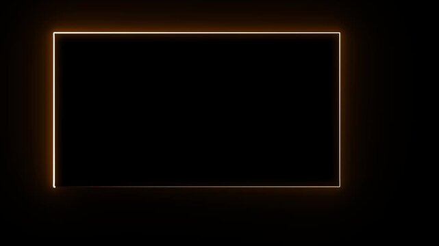 Golden rectangular border illuminating a dark abstract space with warm amber light rays, serving as an elegant illuminated frame for promotional announcements and high-end visual content.