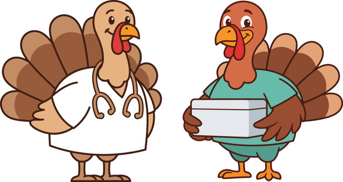Festive thanksgiving cartoon turkeys a whimsical illustration of birds in medical professions for holiday greetings