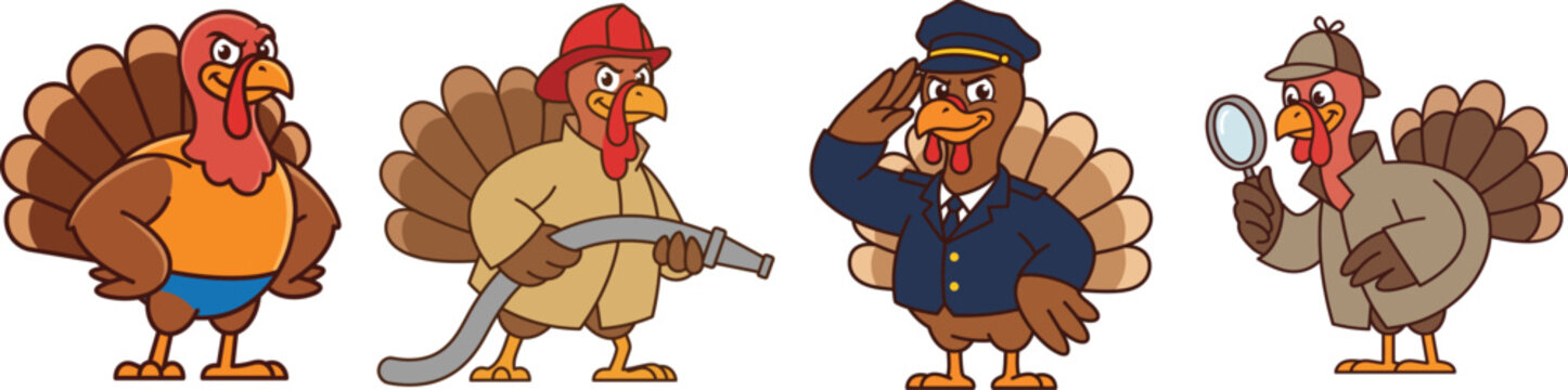 A delightful collection of charming cartoon turkeys celebrating the joyous and thankful spirit of happy thanksgiving day