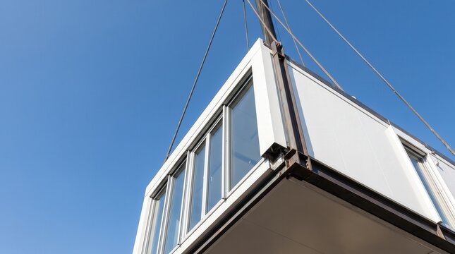 Crane hoisting a prefabricated building module with glass windows against a clear blue sky, capturing the efficiency of off-site modular construction for residential and commercial architecture.
