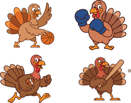 A delightful collection of cartoon turkeys engaging in various athletic activities for a festive thanksgiving celebration