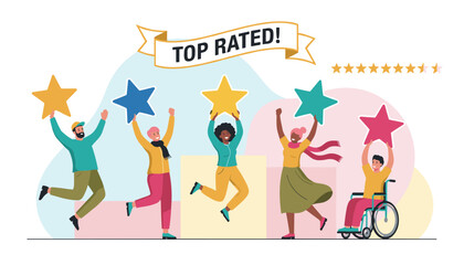 Fototapeta premium Diverse group of happy people jumping in the air holding colorful stars under a top rated banner in a cheerful illustration.