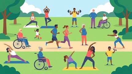 Naklejka premium Diverse Group of People Exercising Outdoors in a Park Setting.