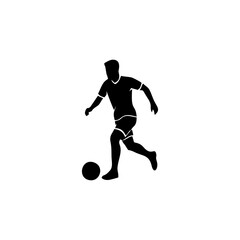 Fototapeta premium Black silhouette of a soccer player running with a ball isolated on white background.