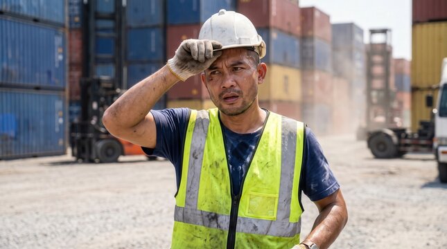 Tired manual laborer wiping sweat at a shipping container yard with physical exhaustion and occupational heat stress, featuring blue-collar resilience for workplace safety and logistics marketing.