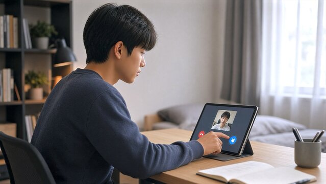 Boy follows online learning on tablet, leaning toward screen with calm, serious expression. Student joins remote class from bright room and taps call controls while studying at desk.