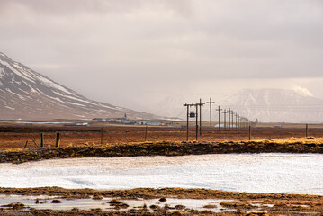 Fototapeta premium Icelandic rural landscape with utility poles and snowy mountains