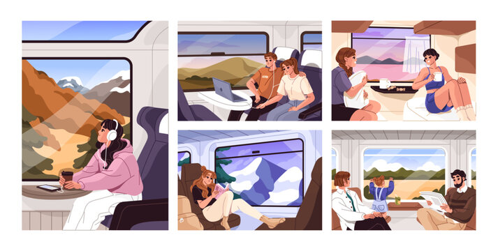Passengers travel by train. Characters sitting on seats are looking at views through window. People inside train carriage while trip. Couples and families with kids travel together. Interior of wagon
