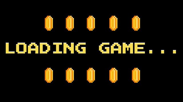 Pixelated Retro Video Game Loading Screen with Coins and Text, Representing Progress and Anticipation for Gameplay