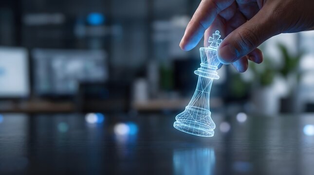 A hand moving a glowing blue digital wireframe chess king piece on a dark surface.
