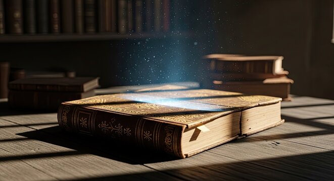 Dusty old book emitting a mysterious blue glow.