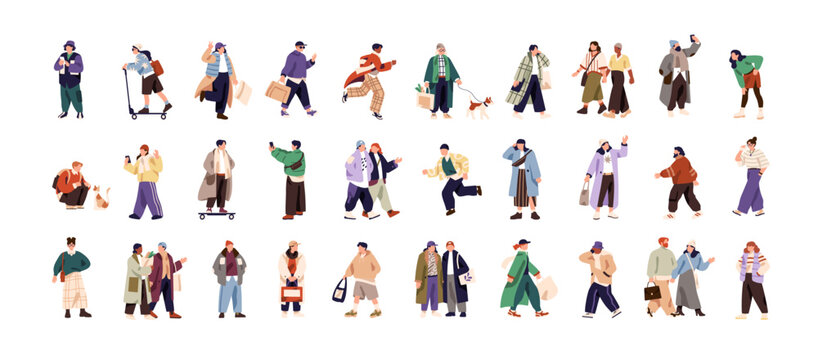 Set of stylish tiny people in outerwear. Person walks dog, woman rides scooter, men travel. Mini characters in fashion autumn and winter clothes. Crowd of many tiny people walks on city streets
