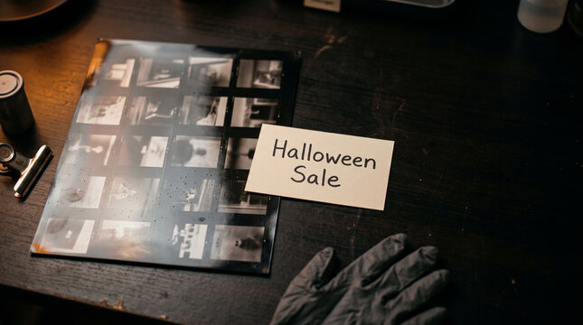 Halloween Sale Card with Film Contact Sheet and Gloves on Darkroom Table
